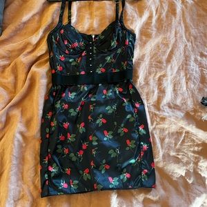 Women’s For Love and Lemons Navy & Black Rose Print Satin Dress